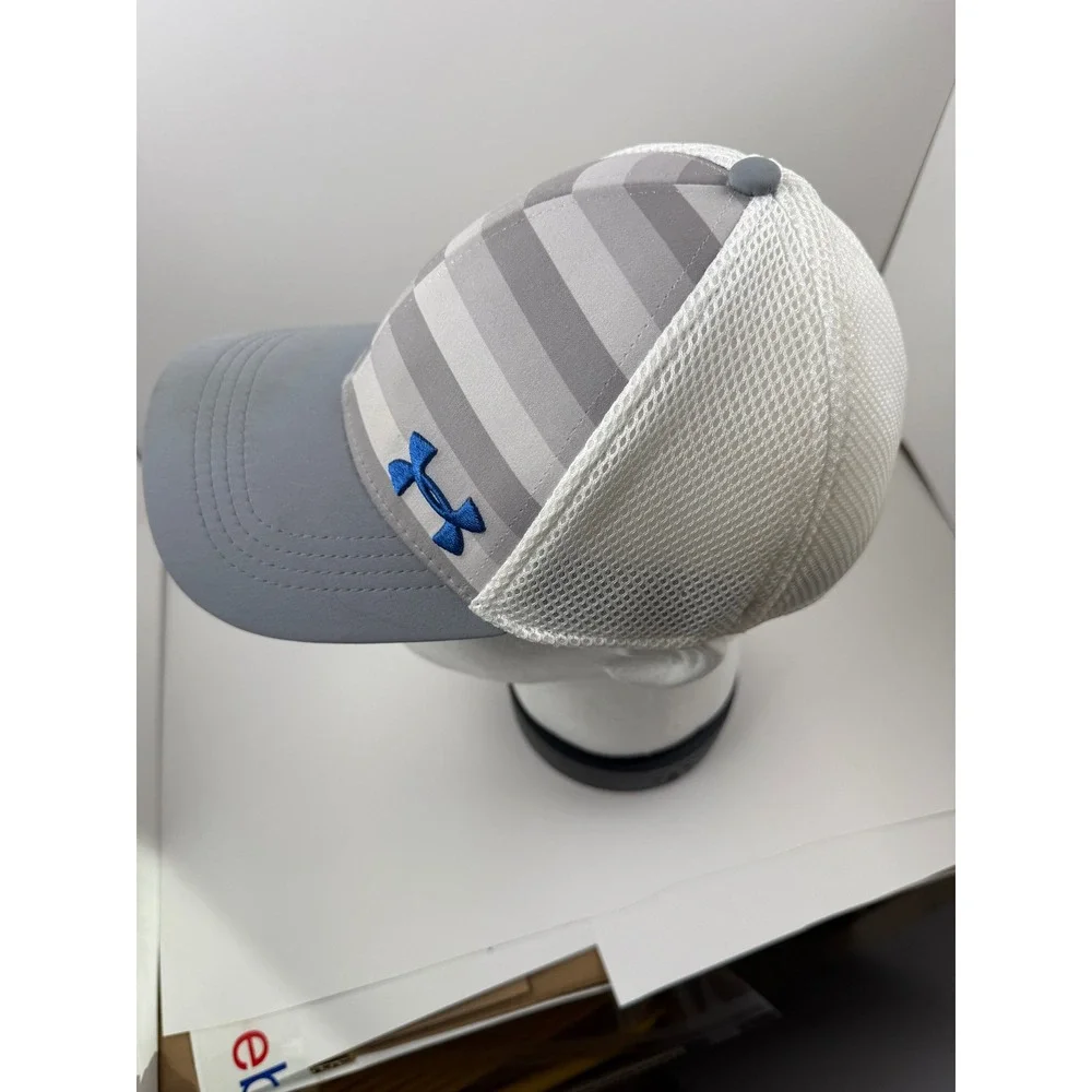Under Armour Golf Trucker Hat Grey Striped Mesh Back Blue Logo Baseball Cap - Picture 2 of 12